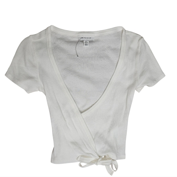 Topshop Short Sleeve Ribbed Ballet Wrap Top, Size 4, White, NWOT - Picture 3 of 7